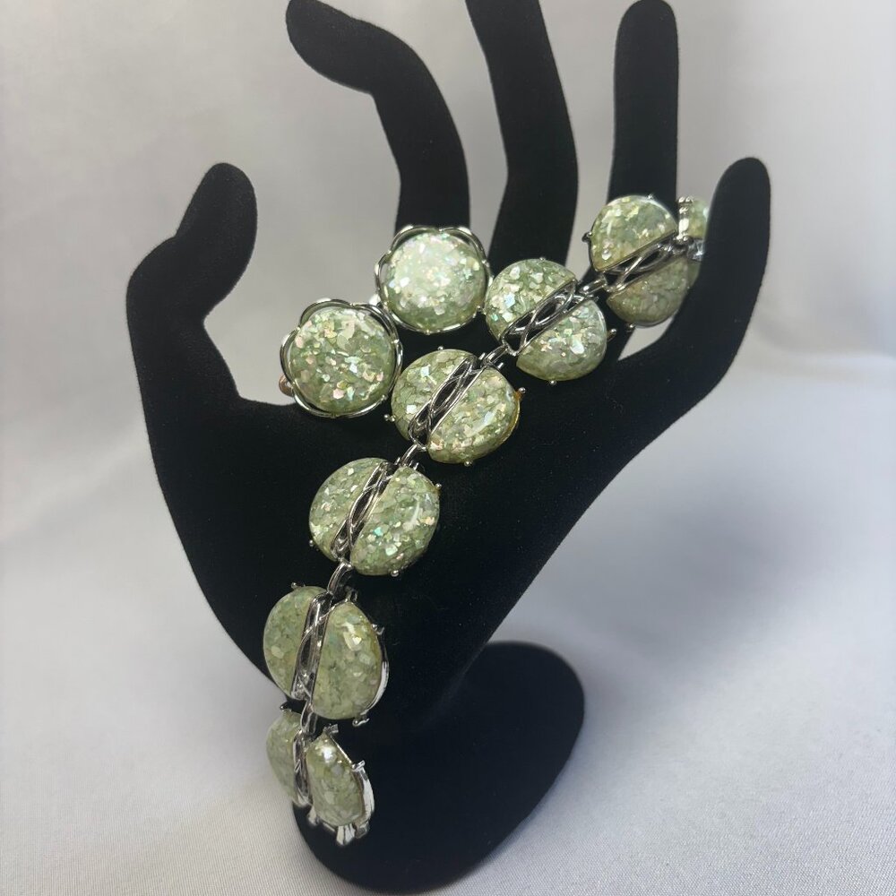 1980's Pale Green Mica Resin with Specks, Silver Tone Bracelet w/ earrings